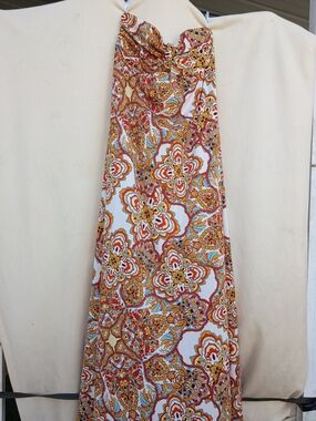 XOXO Strapless Maxi Dress in White with Red, Gold & Blue Paisley Floral